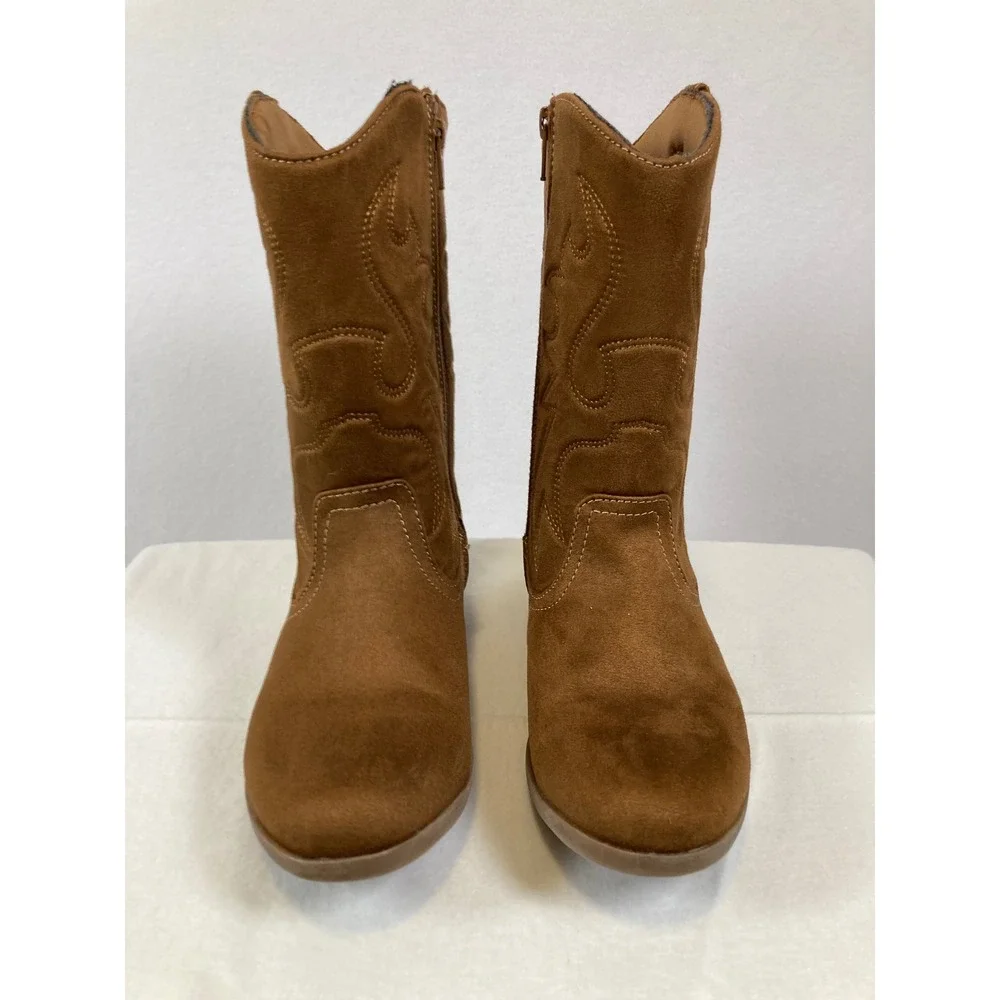 Sonoma‎ Parker Western Cowboy Boots Girls Size 6 Cognac Brown Faux Suede Zip